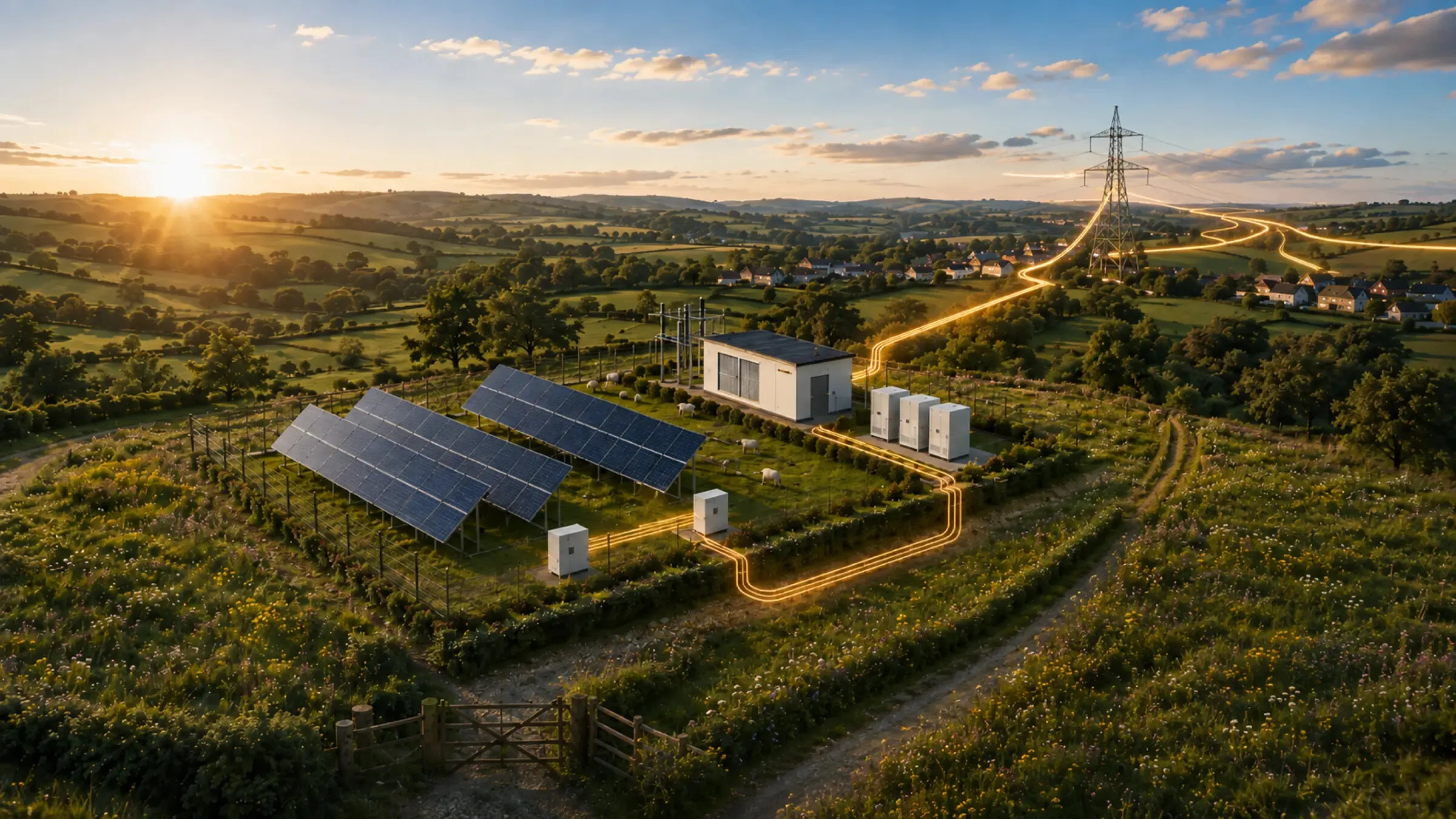 Aerial illustration of a small solar farm at dusk: the sun low over rolling fields, rows of solar panels inside a fence, inverters, a substation building and battery storage, with glowing cables running to an electricity pylon, and wildflower planting around the site.